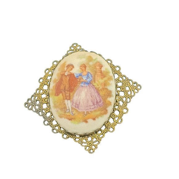 Western Germany Fragonard Sugar Pin in Ornate Filigree Frame, Vintage Brass - Picture 1 of 3